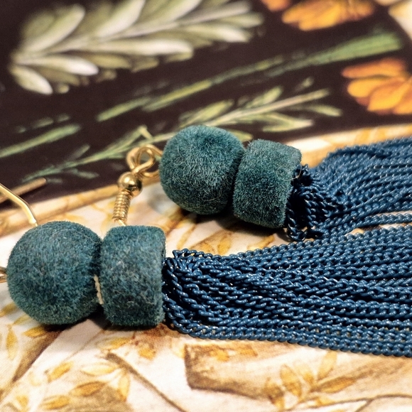 Forest Dark Green Teal Metal Tassel Earrings - Picture 3 of 6